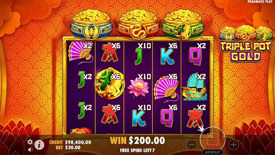 Reel Multiplier feature in Triple Pot Gold slot with x2, x6, and x10 values.