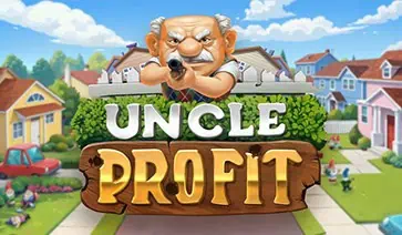 Uncle Profit slot logo with grumpy grandpa holding a shotgun in a suburban neighborhood.