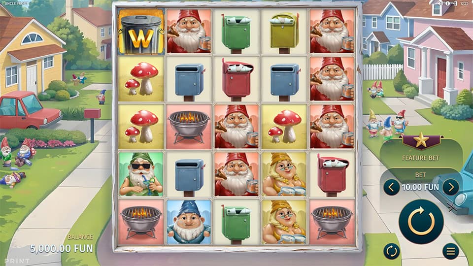 Uncle Profit slot grid with gnomes, mailboxes, mushrooms, and wild symbol in a front yard setting.