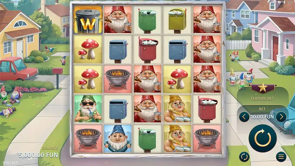 Uncle Profit slot grid with gnomes, mailboxes, mushrooms, and wild symbol in a front yard setting.