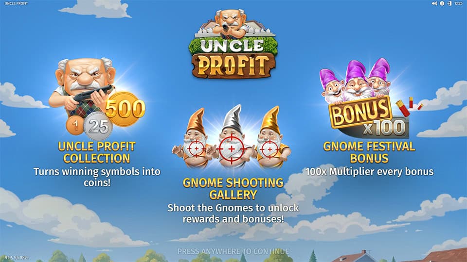 Uncle Profit homepage featuring slot mechanics like Gnome Bonus, Shooting Gallery, and Festival Bonus.
