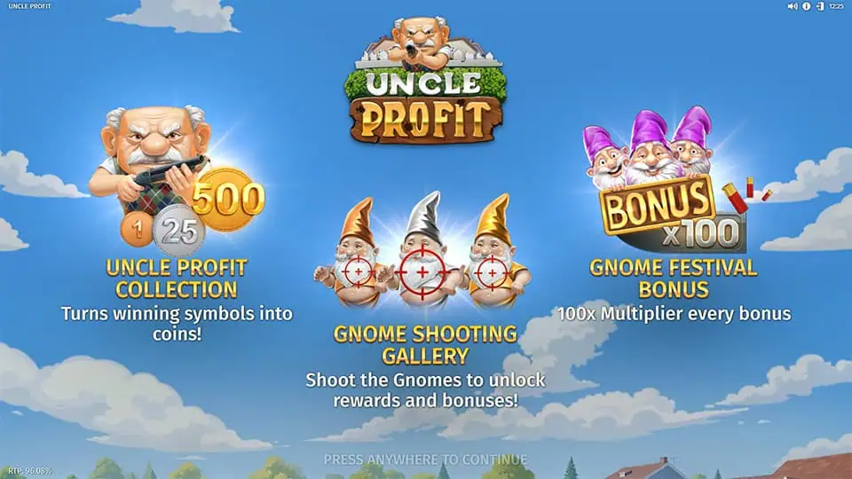 Uncle Profit homepage featuring slot mechanics like Gnome Bonus, Shooting Gallery, and Festival Bonus.