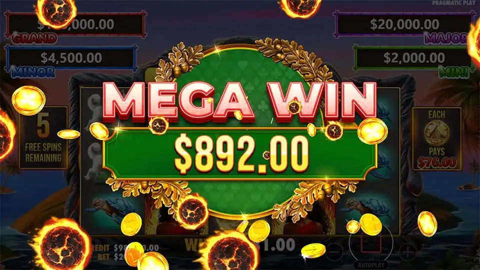 Mega Win screen in Volcano Goddess slot displaying a €892 payout.