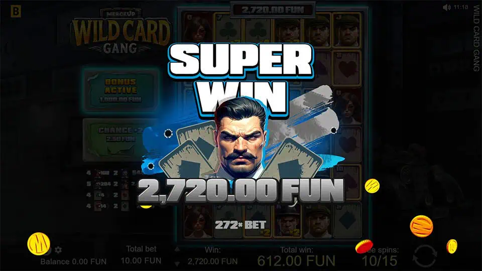 Super Win screen in Wild Card Gang slot displaying a €2,720 payout.