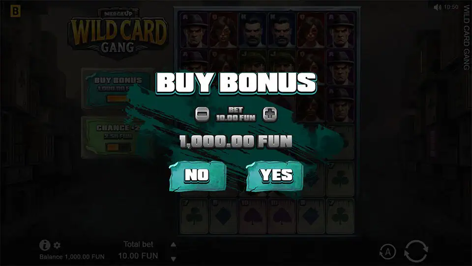 Buy Bonus feature in Wild Card Gang slot allowing direct entry into the Free Spins Bonus for x100 the bet.