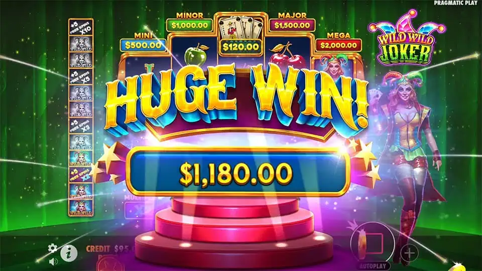 Huge Win screen in Wild Wild Joker slot displaying a €1,180 payout.