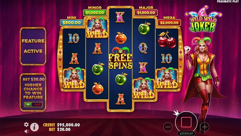 Four Wild symbols and Free Spins symbols appearing in Wild Wild Joker slot, triggering the Super Free Spins bonus.