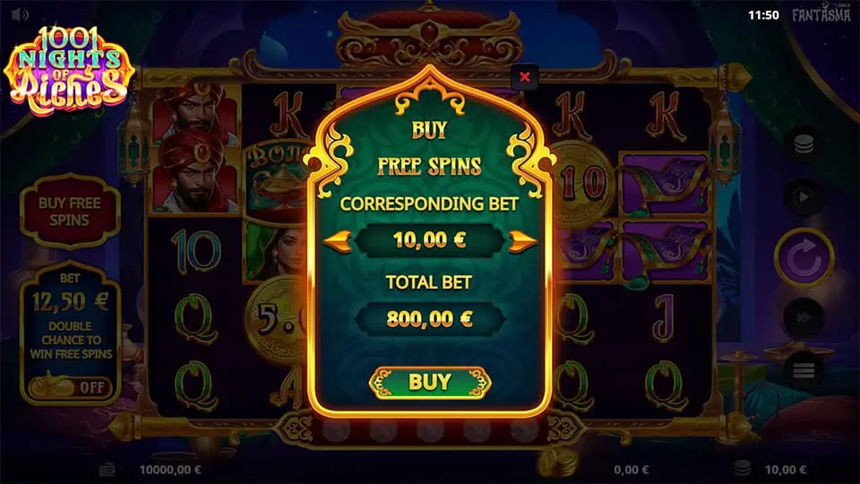 Buy Free Spins feature in 1001 Nights of Riches slot allowing direct entry into the Free Spins Bonus for x80 the bet.