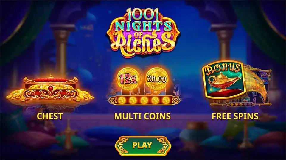 Homepage of 1001 Nights of Riches slot introducing game features and bonus mechanics.