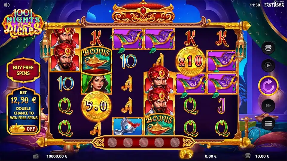 Preview of 1001 Nights of Riches slot showing the reels and Arabian-themed symbols in action.