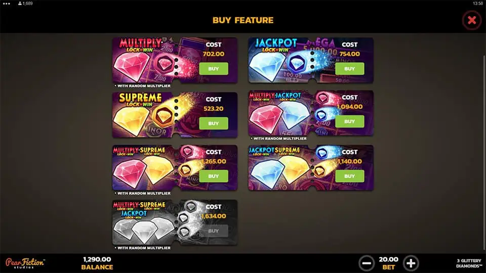 Feature Buy in 3 Glittery Diamonds slot offering seven different options to enter various bonus rounds.