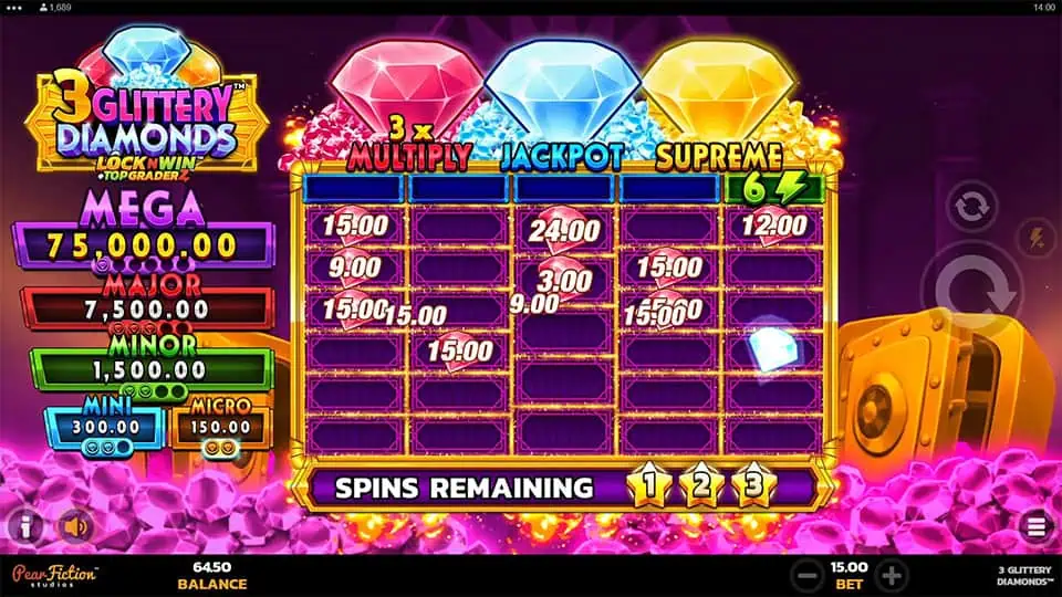 Blue Cash Value symbol appearing on Reel 5 in 3 Glittery Diamonds slot, collecting all displayed cash values.