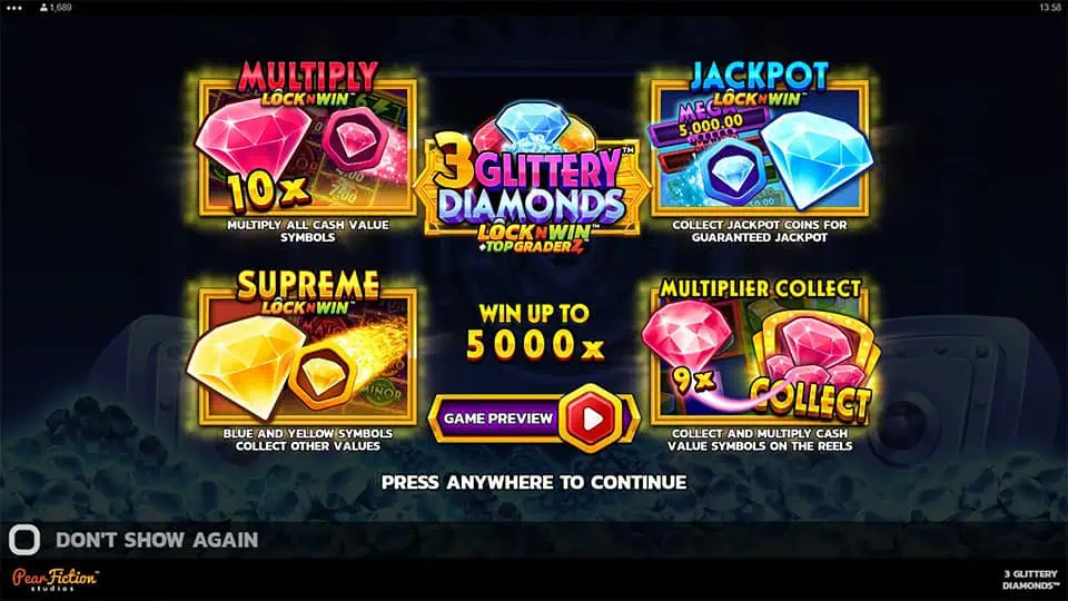 Homepage of 3 Glittery Diamonds slot introducing game features and bonus mechanics.