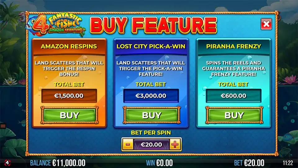 4 Fantastic Fish Amazon Adventure buy screen with Amazon Respins, Pick-a-Win, and Piranha Frenzy options.
