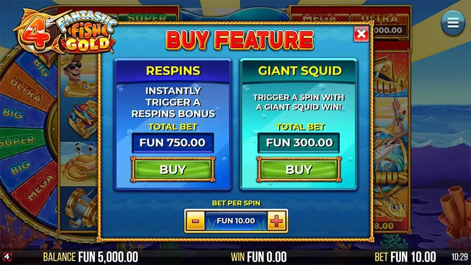 Buy feature screen offering respins or a giant squid bonus, each shown in a separate framed box.