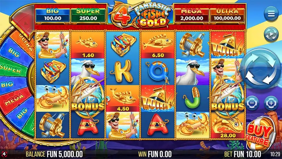 Reel layout with colorful sea-themed symbols like anglers, rods, treasure chests, and wild icons set against a vibrant ocean scene.