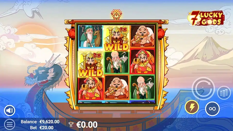 Two Walking Wild symbols appearing in 7 Lucky Gods slot, one with a x1 multiplier and another with x2.