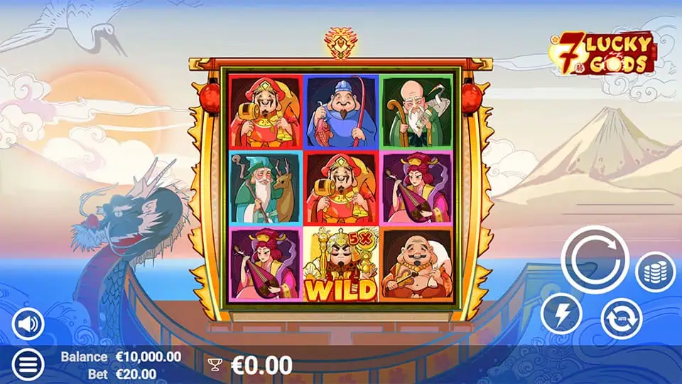 Preview of 7 Lucky Gods slot showing the reels and fortune-themed symbols in action.