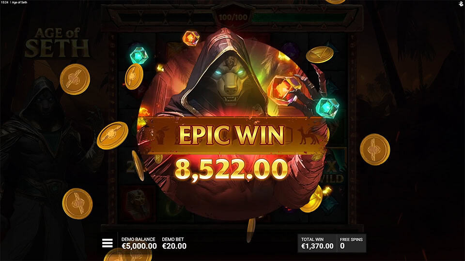 Epic Win screen showing 8,522 payout with coins flying
