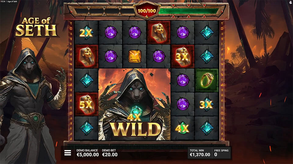 Large 3x3 Seth wild symbol on grid during bonus play