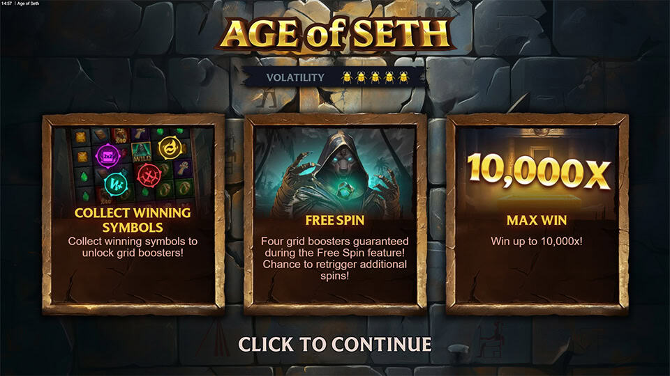 Age of Seth main features including 10,000x win and grid boosters