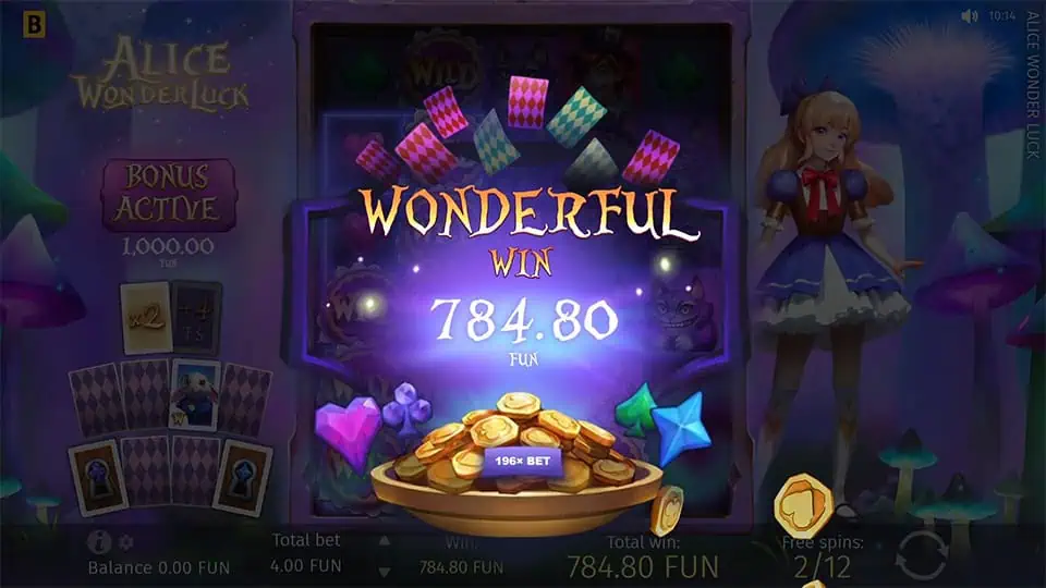 Wonderful Win screen in Alice Wonderluck slot displaying a €784.80 payout.