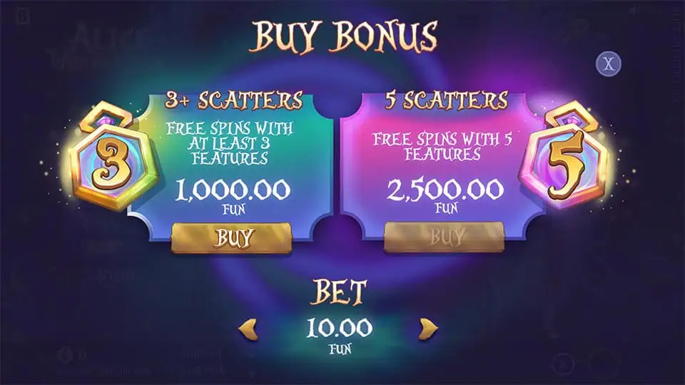 Buy Bonus feature in Alice Wonderluck slot offering Madluck Free Spins for x100 the bet and Wonderluck Free Spins for x250 the bet