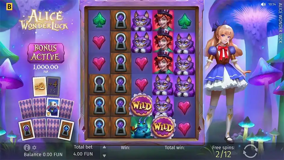 Mystery Symbols appearing on reels 1 and 2 in Alice Wonderluck slot, revealing hidden prizes.