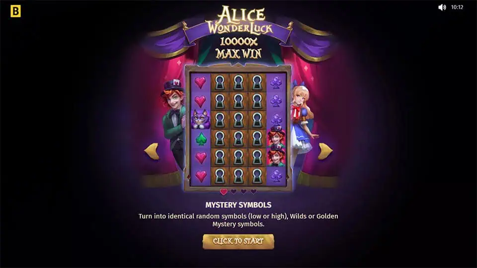 Homepage of Alice Wonderluck slot introducing game features and bonus mechanics.