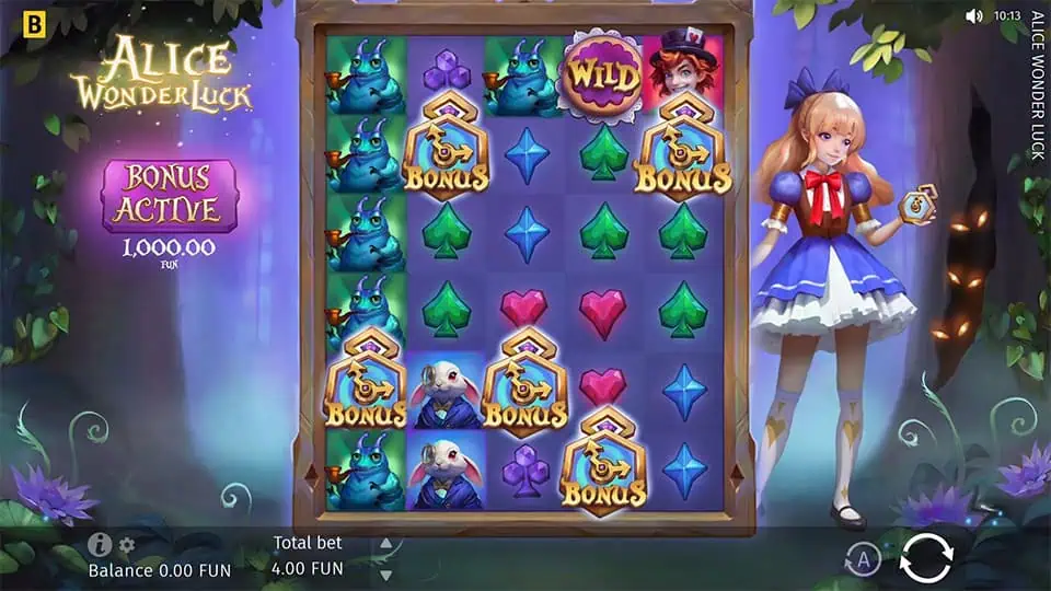 Five Scatter symbols appearing in Alice Wonderluck slot, triggering the Free Spins Bonus with five extra features.