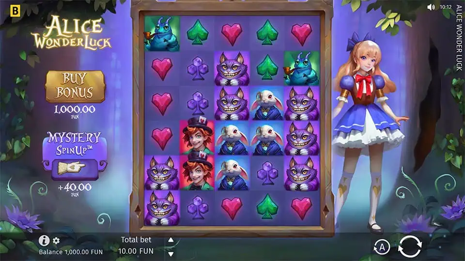 Preview of Alice Wonderluck slot showing the reels and Wonderland-themed symbols in action.