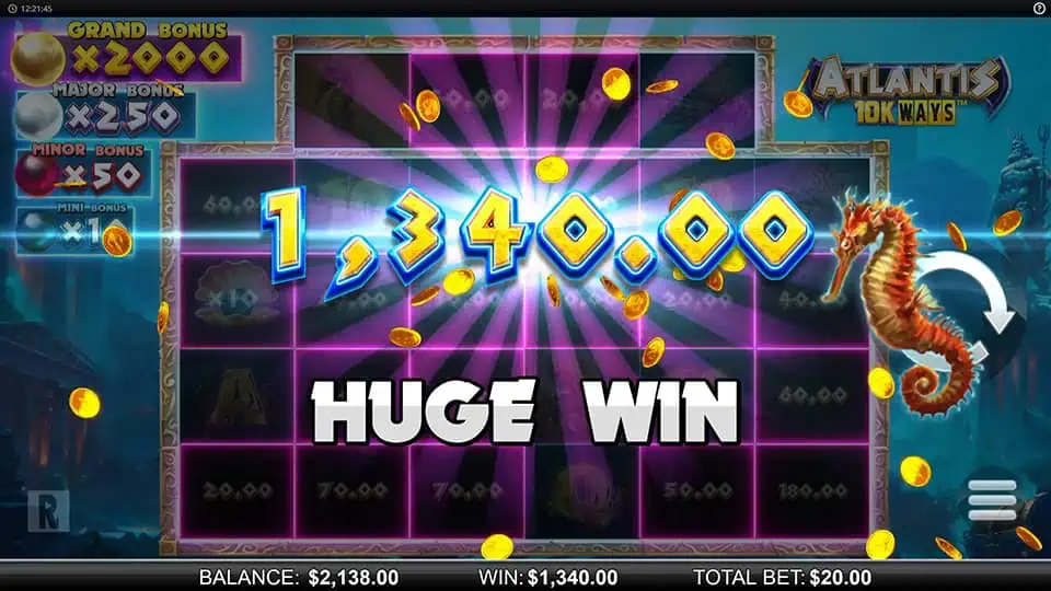 Huge Win screen in Atlantis 10K Ways slot displaying a €1,340 payout.