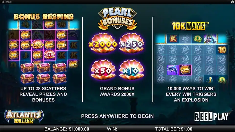 Homepage of Atlantis 10K Ways slot introducing game features and bonus mechanics.