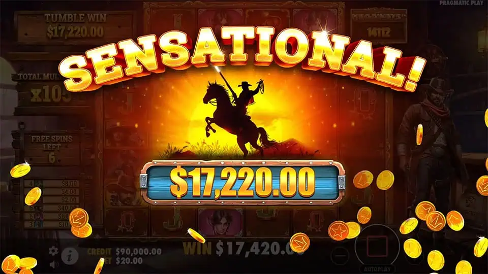 A huge $17,220 win in Bandit Megaways with golden coins flying in celebration.