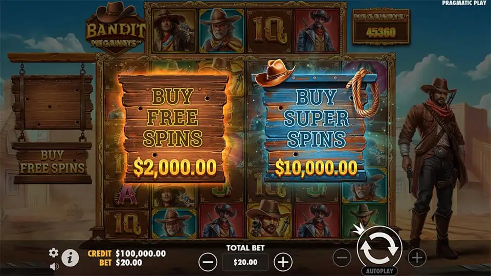 Bandit Megaways bonus buy menu offering Free Spins and Super Spins for instant action.