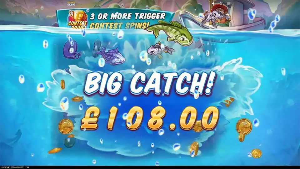 Big Catch Win screen in Bass Boss slot displaying a €108 payout.