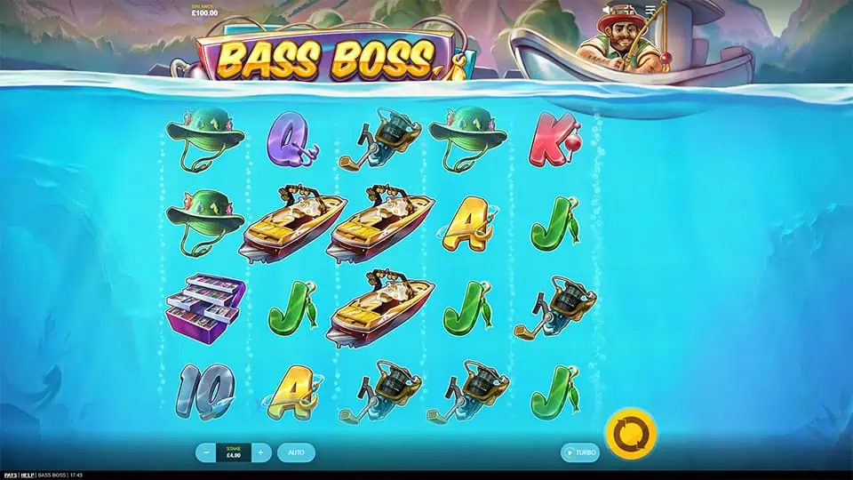 Preview of Bass Boss slot showing the reels and fishing-themed symbols in action.