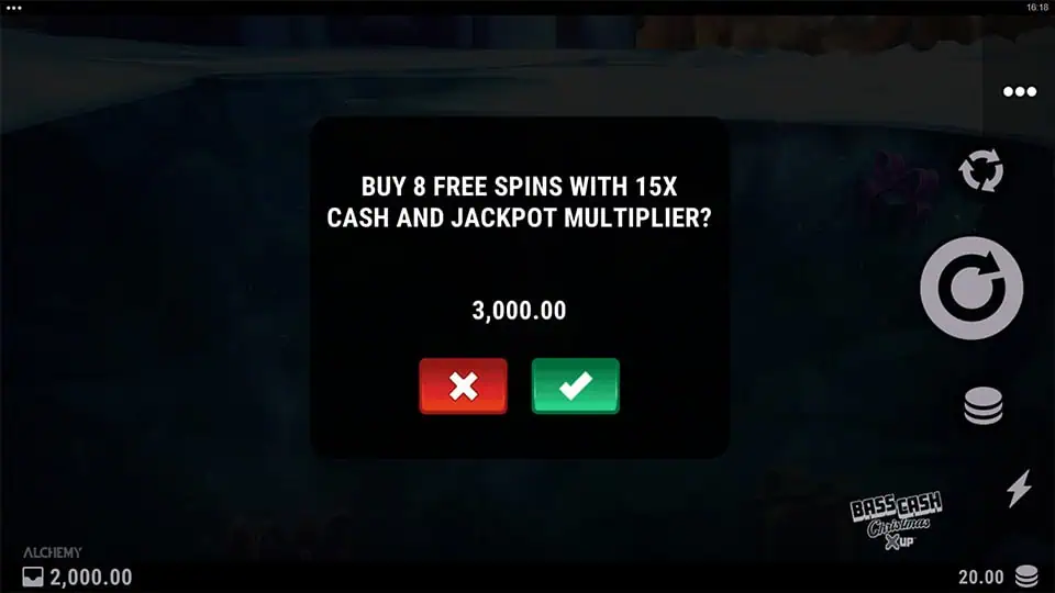 Feature Buy option in Bass Cash Christmas X UP slot allowing direct entry into the Free Spins Bonus for x150 the bet.