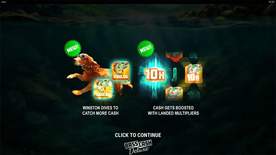 Homepage of Bass Cash Deluxe slot introducing game features and bonus mechanics.