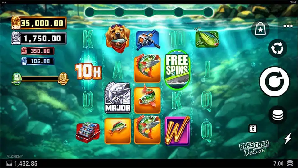 Preview of Bass Cash Deluxe slot showing the reels and fishing-themed symbols in action.