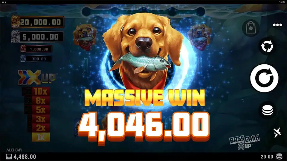 Massive Win screen in Bass Cash X UP slot displaying a €4,046 payout.