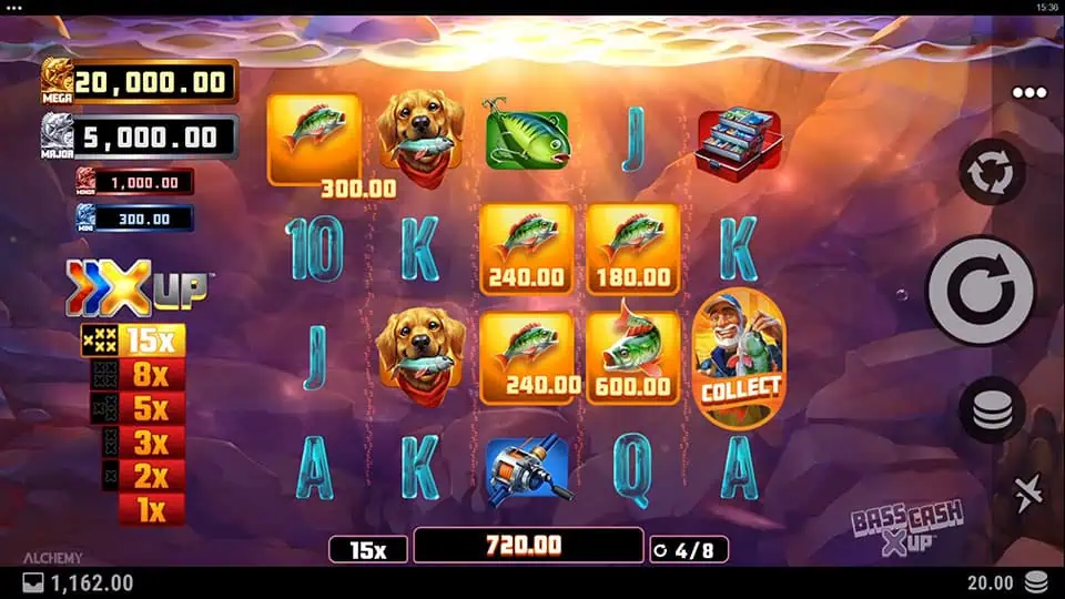 Fisherman symbol in Bass Cash X UP slot collecting five Cash and Jackpot symbols.