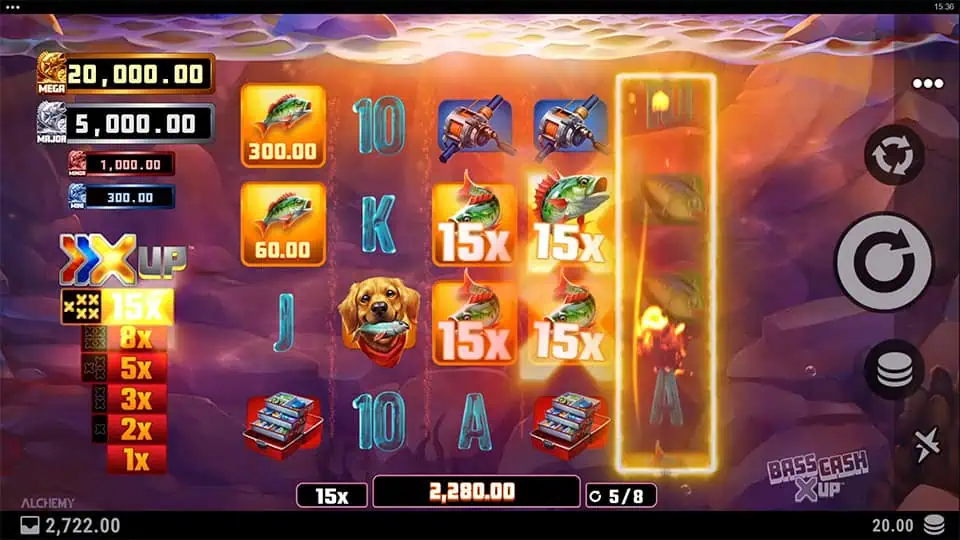 X UP feature in Bass Cash X UP slot applying a x15 multiplier on Cash and Jackpot symbols.