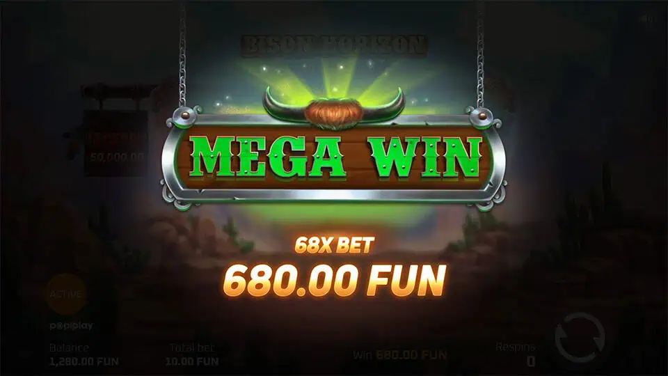 Mega Win screen in Bison Horizon Hold and Win slot displaying a €680 payout.