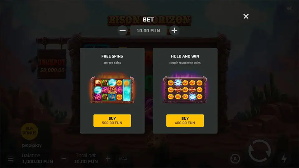 Buy Feature in Bison Horizon Hold and Win slot offering Free Spins for 50x the bet and Hold and Win Bonus for 40x the bet.