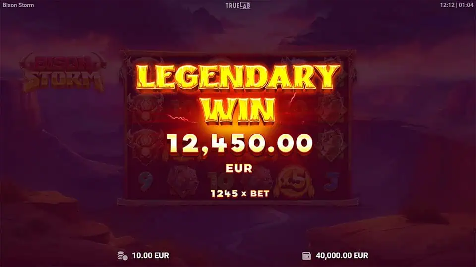 Legendary Win screen in Bison Storm slot displaying a €12,450 payout.