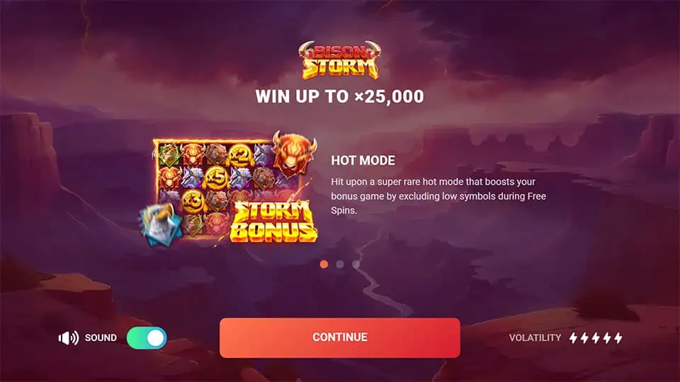 Homepage of Bison Storm slot introducing game features and bonus mechanics.