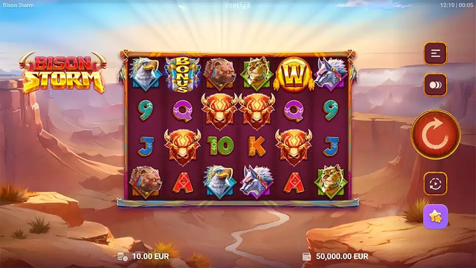 Preview of Bison Storm slot showing the reels and wildlife-themed symbols in action.