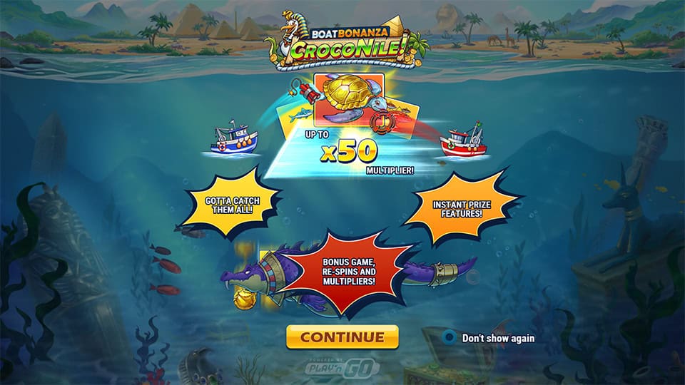 Boat Bonanza CrocoNile! slot introduction screen highlighting multipliers, bonus games, and instant prize features.