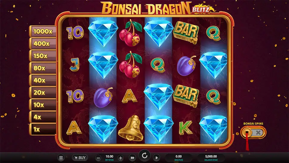Base game of Bonsai Dragon Blitz featuring classic fruit symbols, diamonds, and a pay multiplier ladder up to 1000x on the left.